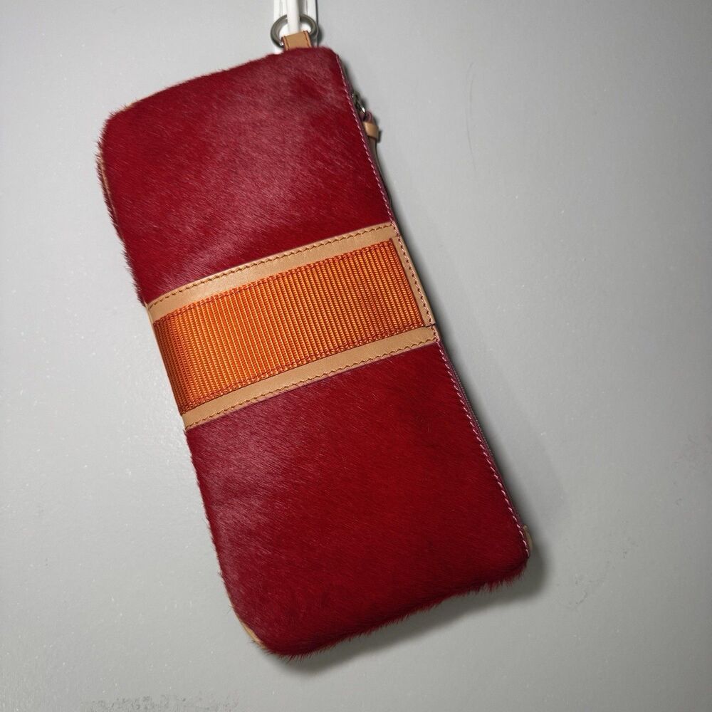 Plank NWT Calf Hair Womenβs Zip Up Wristlet Clutch Purse Red and Orange Stripe